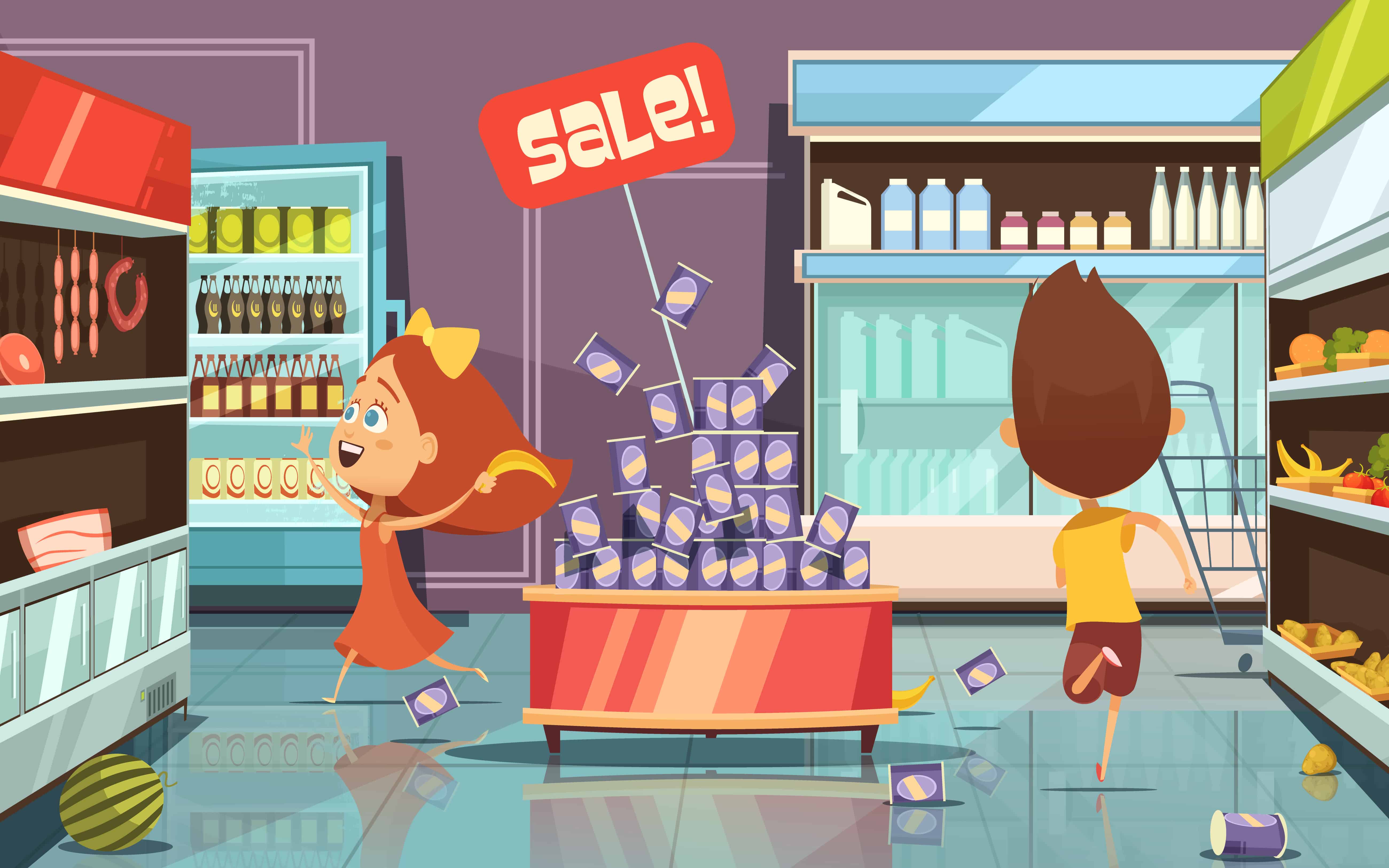 A cartoon of people in a store with sale signs.