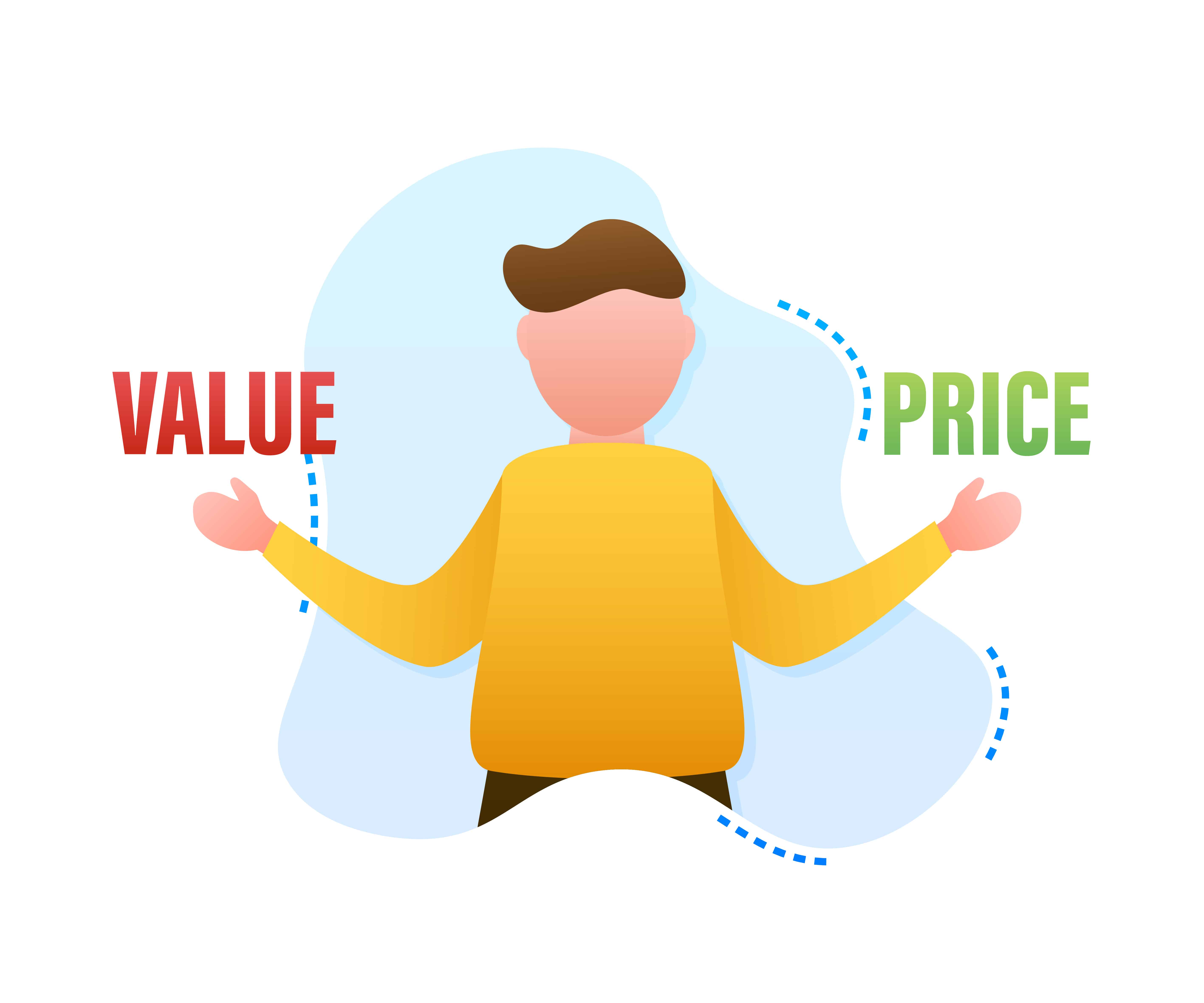 A man holding two arms with the word value and price.