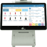 A tablet computer with an image of a store on the screen.