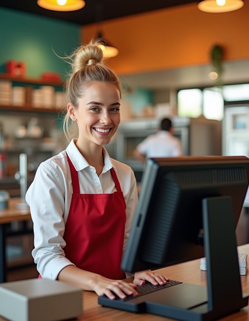 A woman in an apron is working at the computer.