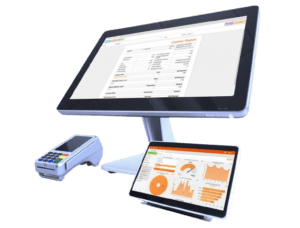 A tablet computer and a cell phone are on display.
