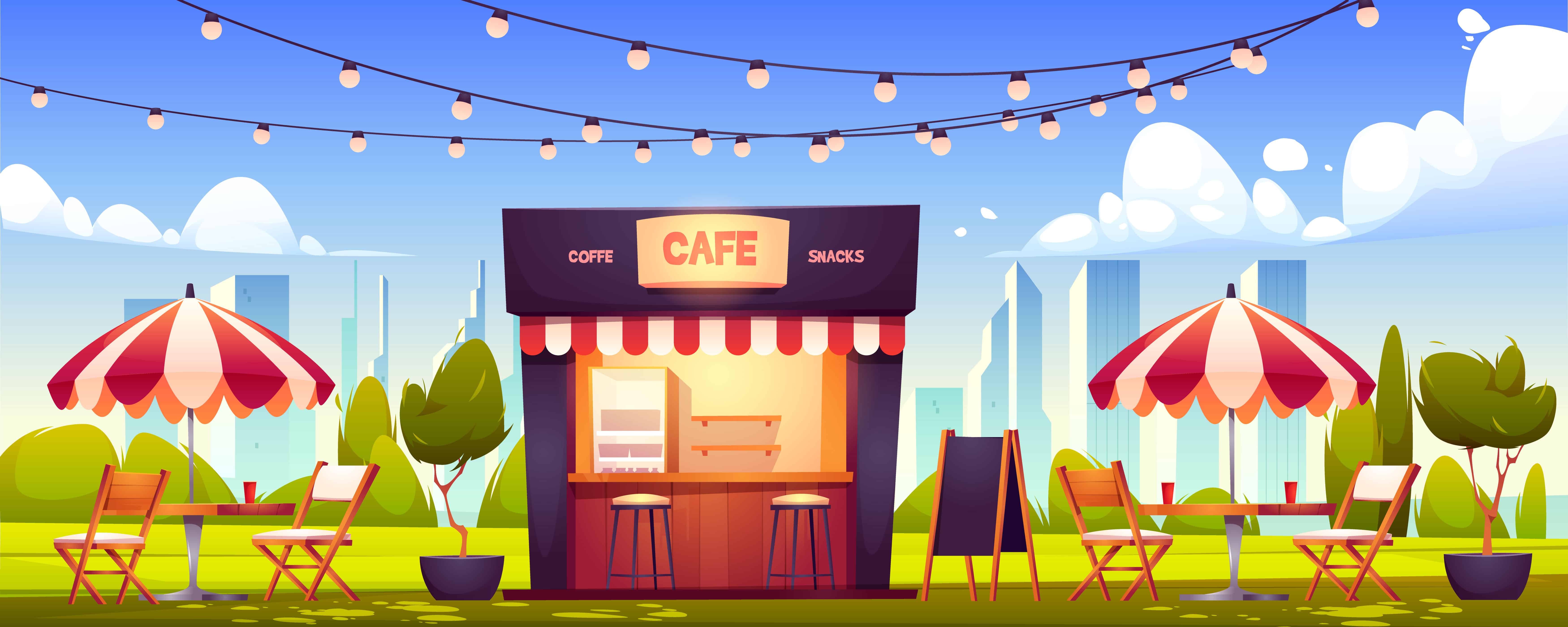 A cartoon of a cafe with lights hanging above it.