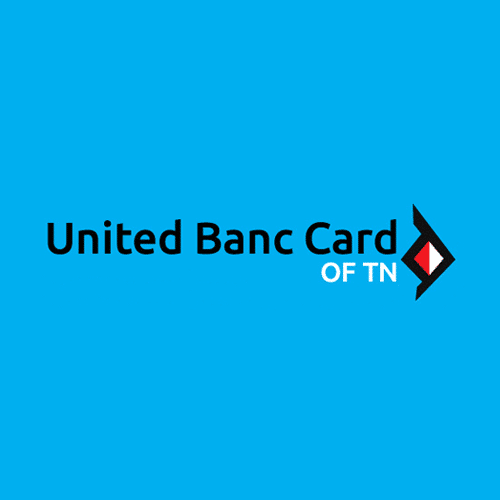 A blue background with the words united banc card of tn in black.