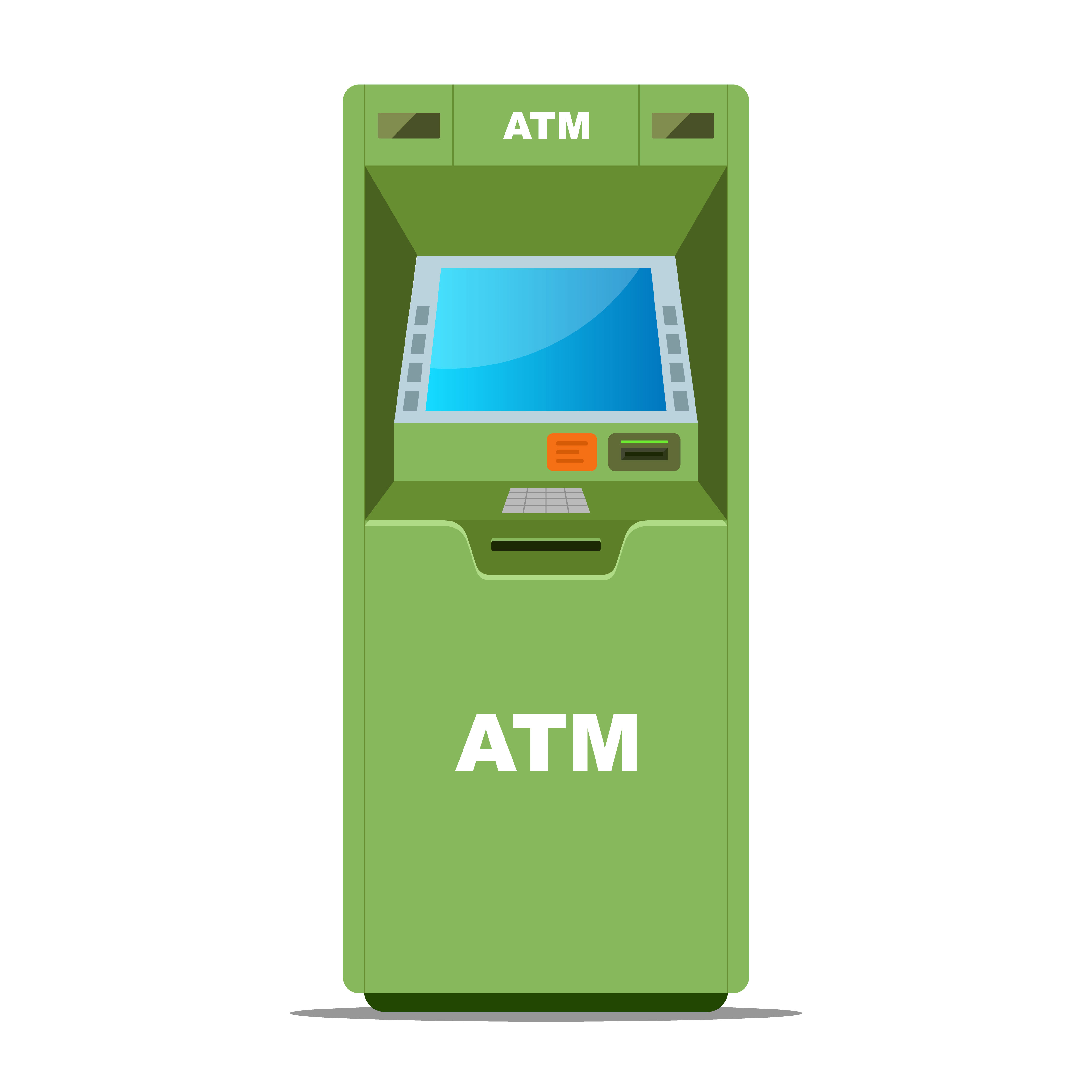 A green atm machine with the word " atm " on it.