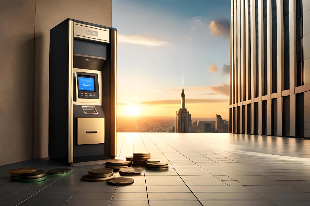 A large atm machine sitting on top of a floor.