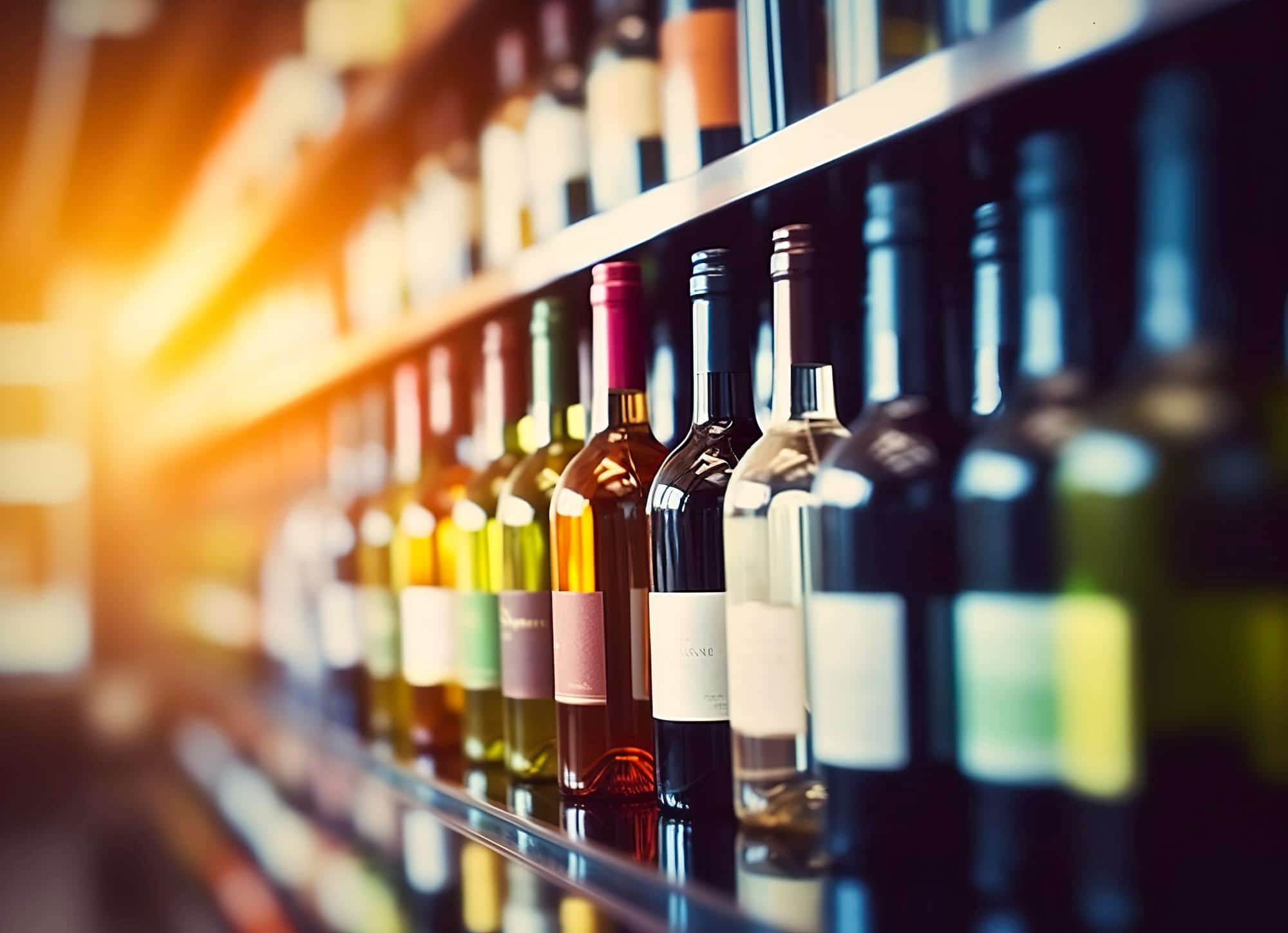 A wall of bottles of alcohol on display.