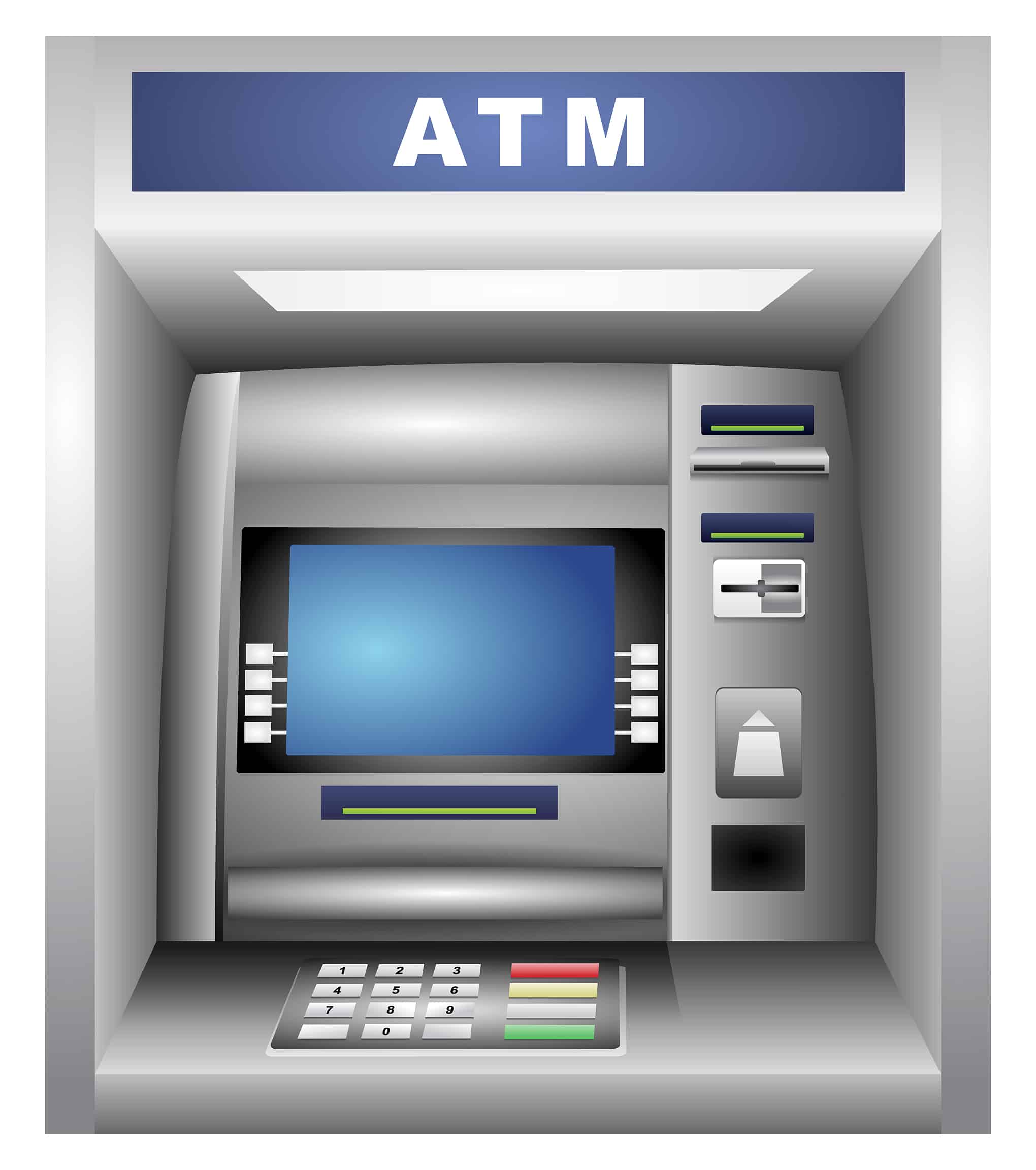 A atm machine with the word " atm " on it.