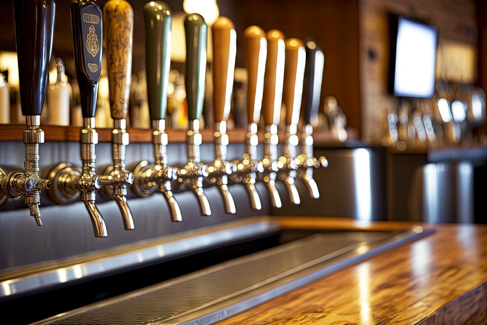 A row of beer taps on the side of a bar.