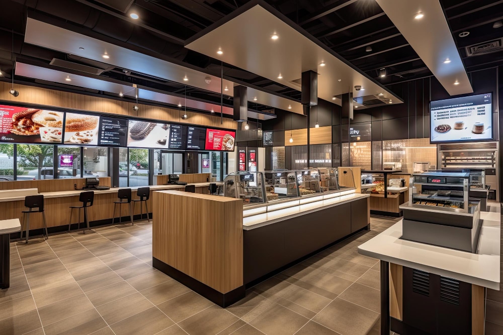 A restaurant with many tables and counters in it