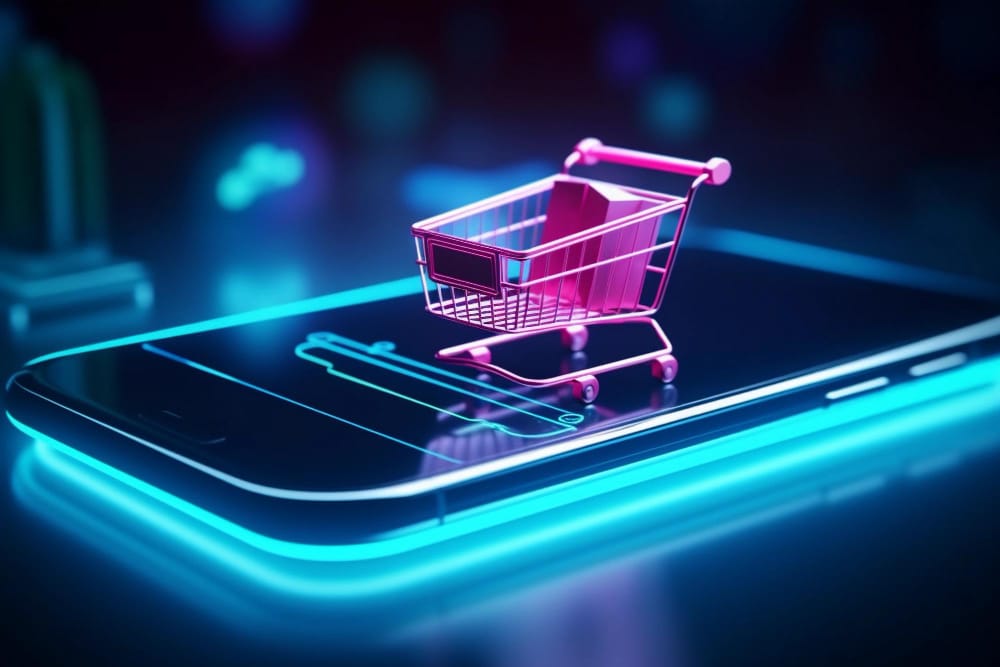 A pink shopping cart sitting on top of a smart phone.