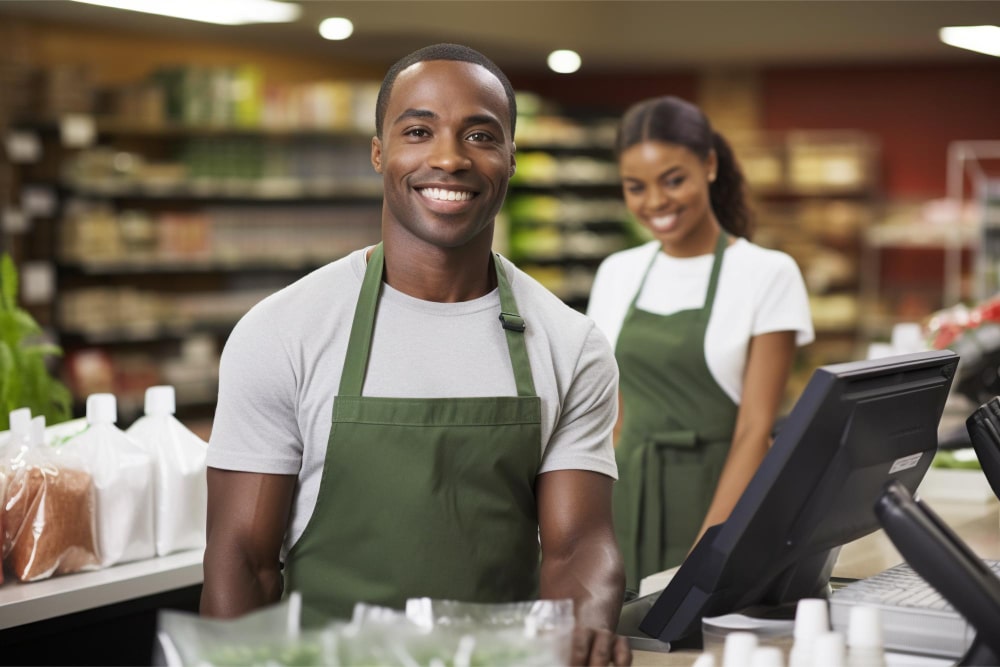 A man and woman in green aprons at the counter.