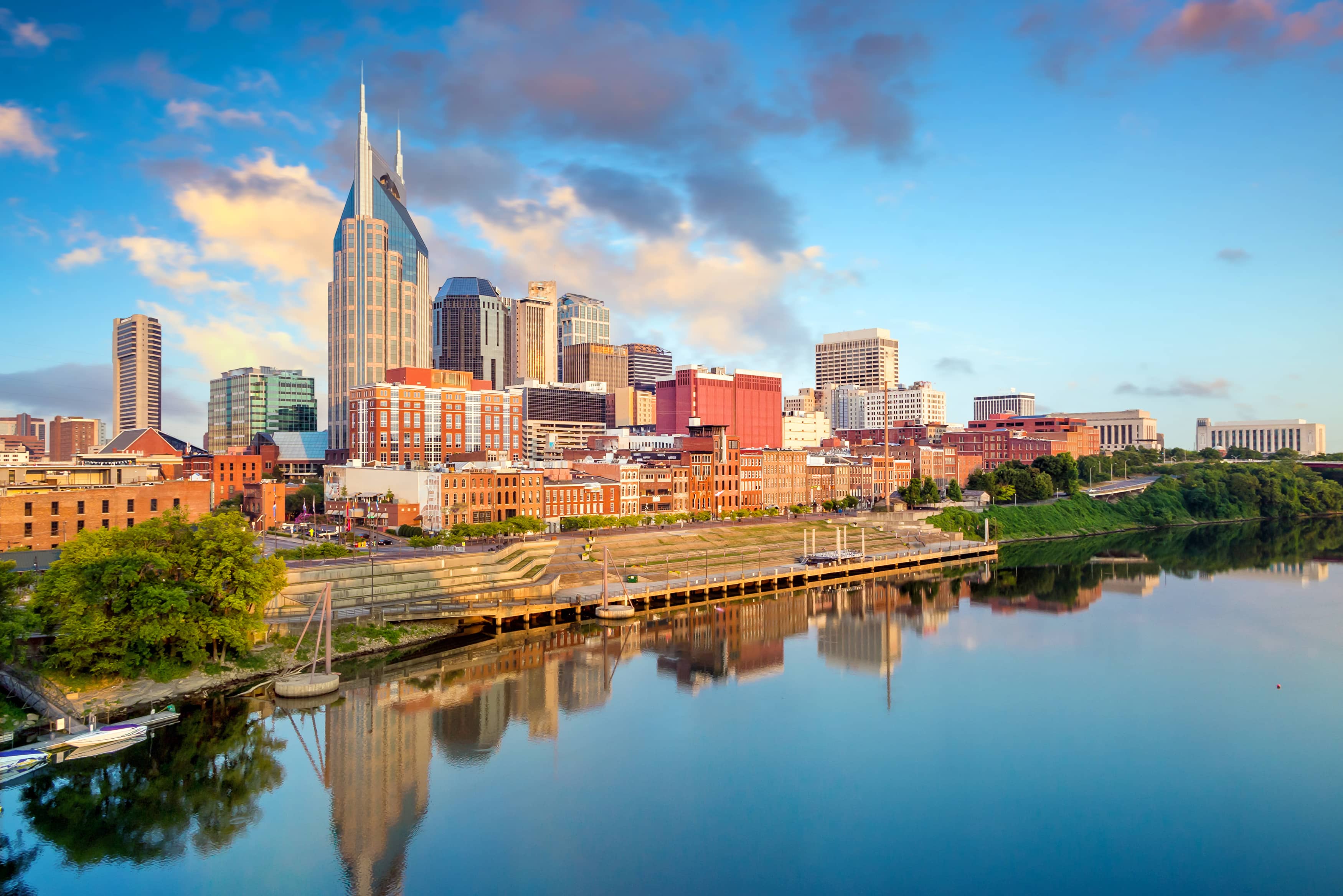 A view of the city skyline from across the river.