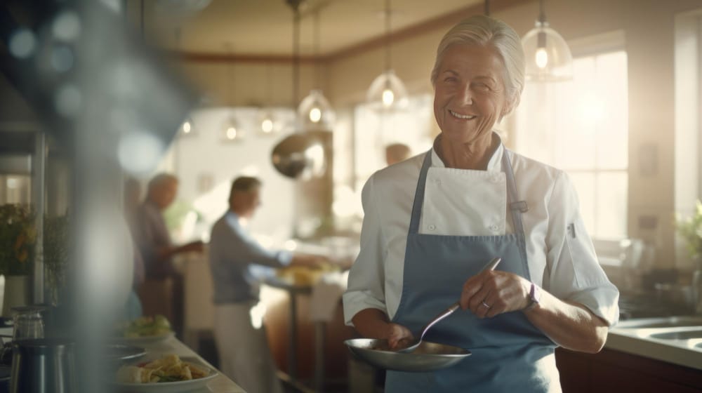 A man in an apron holding a plate of food.