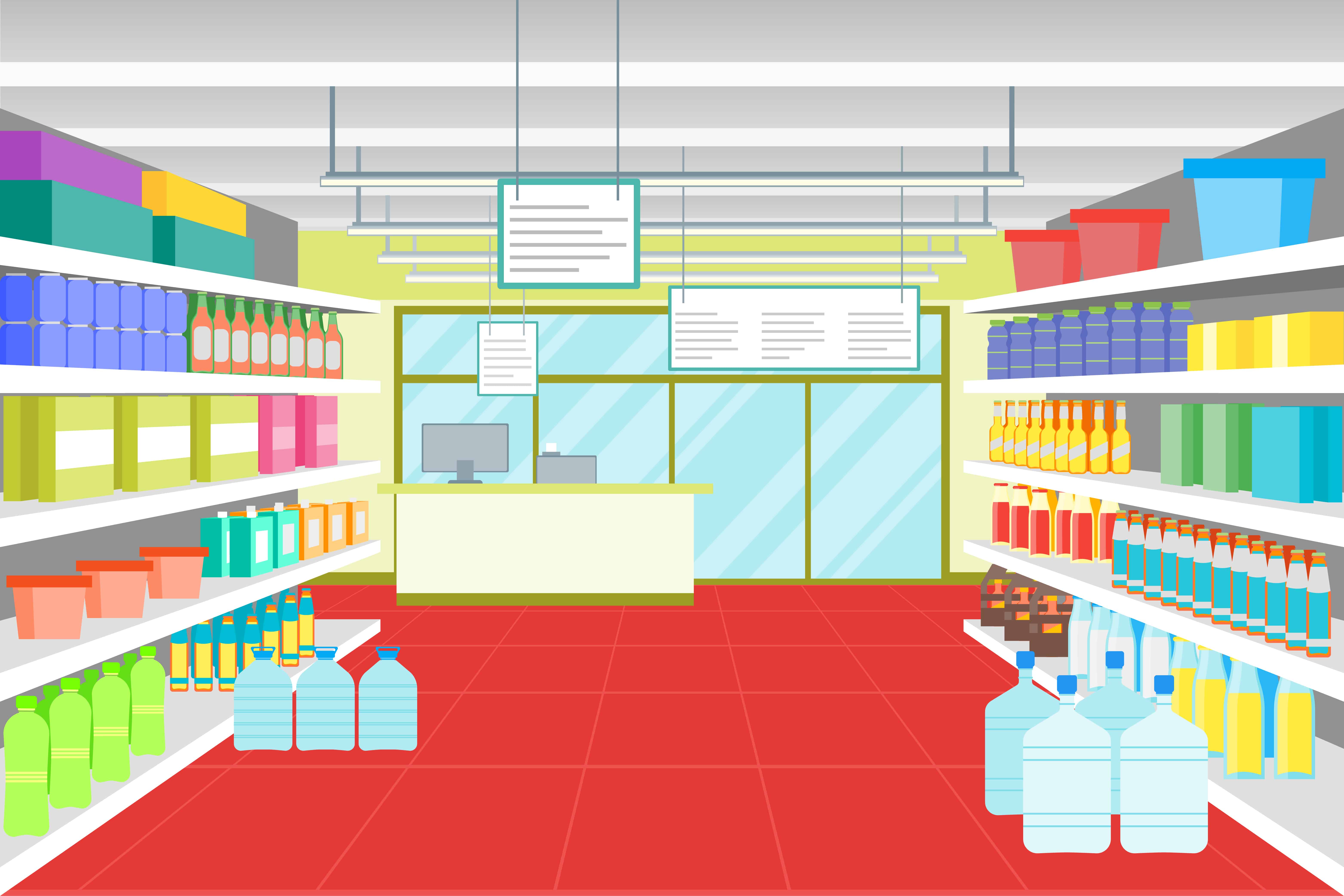 A grocery store with many shelves and milk bottles.