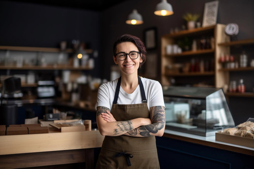 A woman standing in front of a counter with her arms crossed.