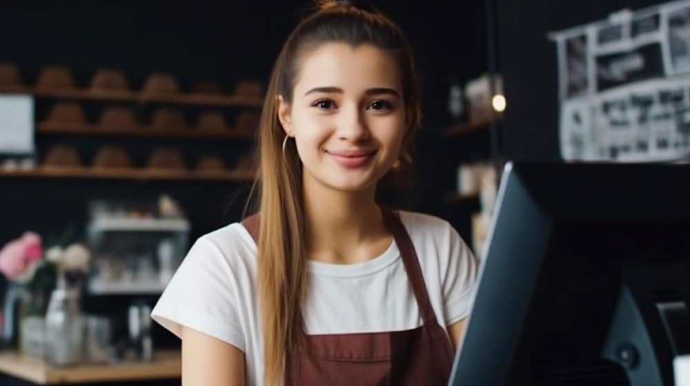 A woman in an apron holding a tablet.